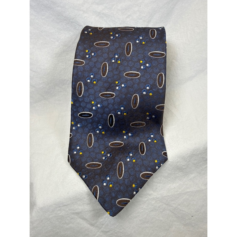 Villa Bugatti Mens Silk Necktie Blue Brown Geometric Oval Floral Pattern Tie
